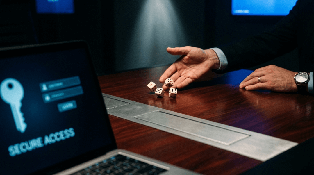 Tangan melempar dadu poker di meja modern, dengan layar laptop yang menampilkan area login aman.