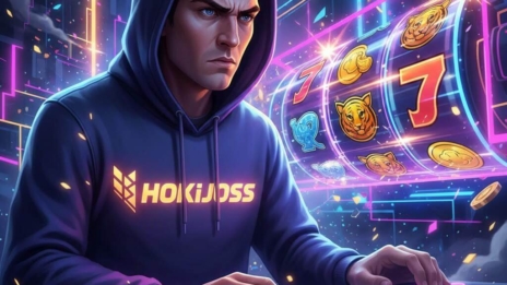 Pemain togel online Hokijoss menganalisis angka dengan laptop dan grafik data digital