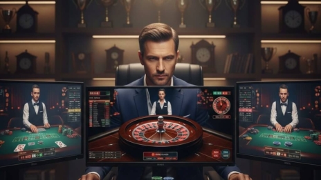Pemain profesional sedang bermain slot dan livecasino di 12hoki dengan chip, kartu, dan layar digital modern, suasana fokus dan realistis