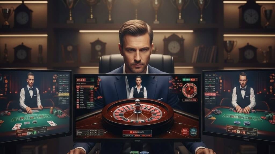 Pemain profesional sedang bermain slot dan livecasino di 12hoki dengan chip, kartu, dan layar digital modern, suasana fokus dan realistis