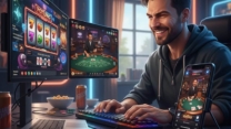 Gamer bermain slot, poker, dan live casino di laptop dan ponsel