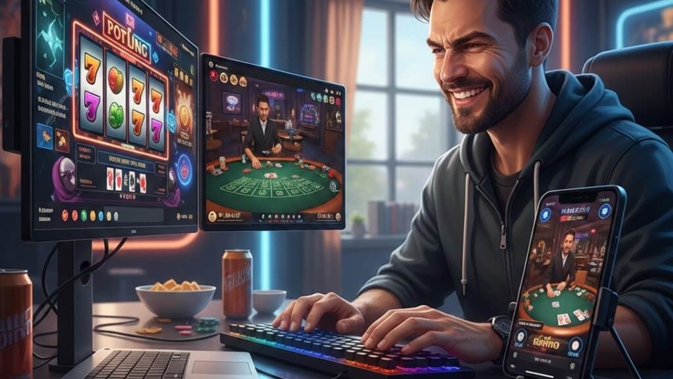 Gamer bermain slot, poker, dan live casino di laptop dan ponsel