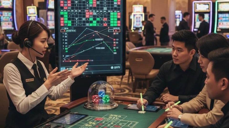 Ilustrasi pola Sic Bo di Dewiku88 dengan dadu dan tabel hasil taruhan